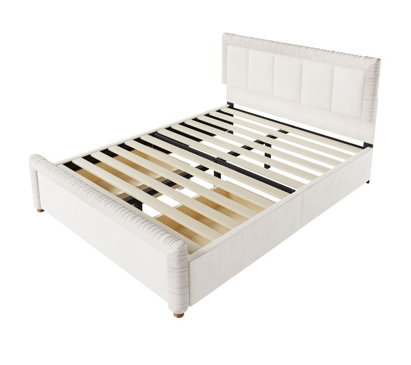 Lit Double Rembourré 140x200cm Avec 2 Tiroirs De Rangement, Cadre De Lit En Velours Texturé, Beige