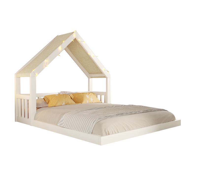 Lit Cabane Enfant 140x200cm Avec Toit En Tissu Et Guirlande Lumineuse, Bois Blanc