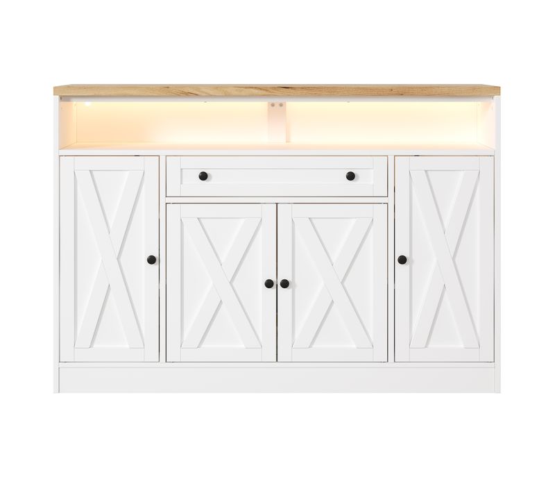 Buffet 140x35x95cm Avec éclairage LED, 1 Tiroir, Rangements De Porte Et 4 Portes,blanc