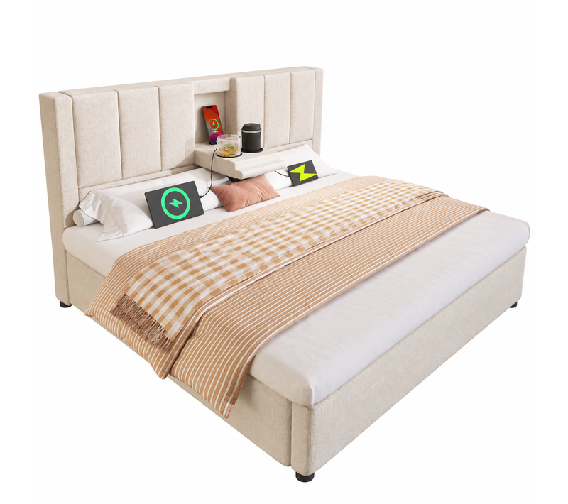 Lit Coffre Rembourré 140x190 Cm, Rangement Hydraulique, Porte-gobelet, Recharge, Lin, Beige