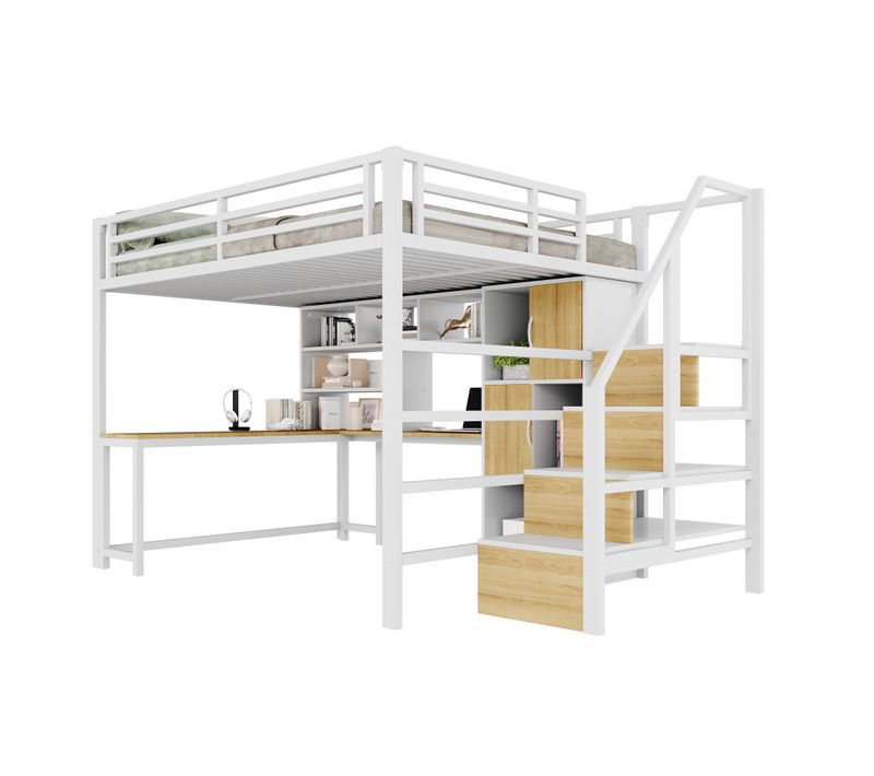 Lit Mezzanine 90 X 200 Cm,structure En Métal,échelle-armoire, étagère De Rangement,led,métal,blanc