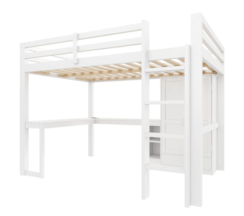 Lit Mezzanine 90x200 Cm Avec Bureau Et Armoire- Tiroir- étagères- LED Et USB- Pin Massif- Blanc