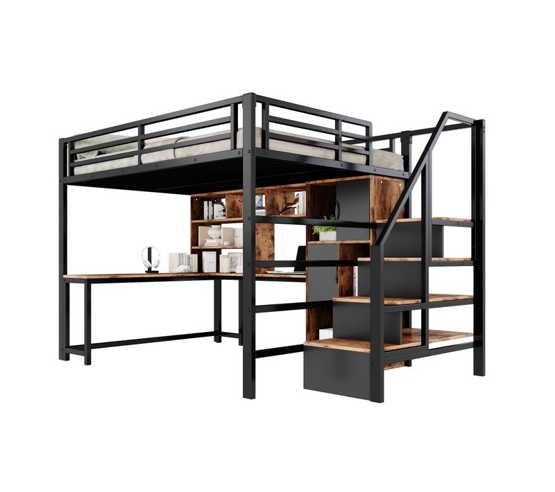 Lit Mezzanine 140 X 200 Cm-structure En Métal-échelle-armoire-étagère De Rangement- LED-métal-noir
