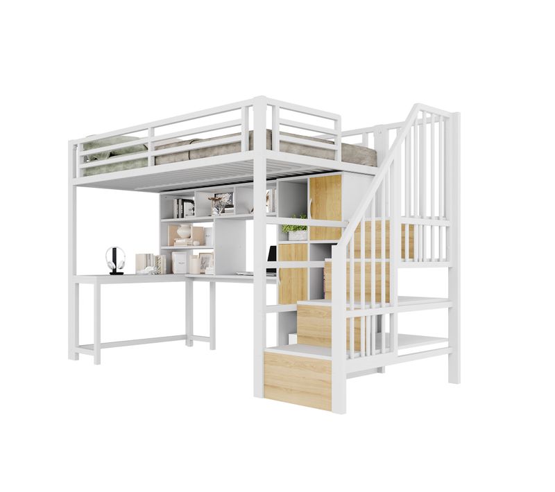 Lit Mezzanine 140 X 200 Cm-structure En Métal-échelle-armoire-étagère De Rangement- LED-métal-blanc