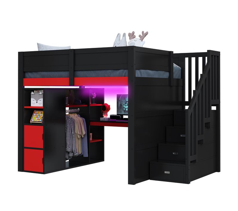 Lit Mezzanine 140x200 Cm - LED - Bureau Intégré - Port USB - Garde-corps - Noir Et Rouge