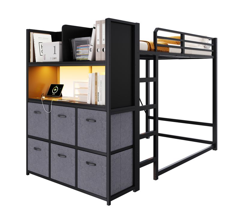 Lit Mezzanine 120x200 Cm - Port USB - Lampe De Lecture - Avec Tiroir - Rangements - Noir Et Gris