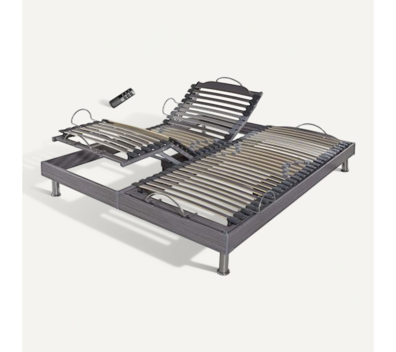 Sommier électrique S62+lattes Bois - Réglage Fermeté Zone Lombaires - 2x80x200 - Gris
