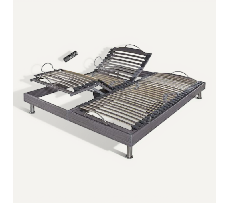 Sommier électrique S62+lattes Bois - Réglage Fermeté Zone Lombaires - 2x90x200 - Gris