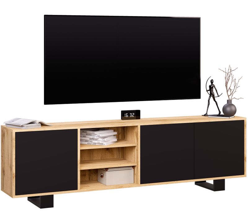 Meuble TV Lotos 200 Cm Bois Et Noir Style Industriel Contemporain