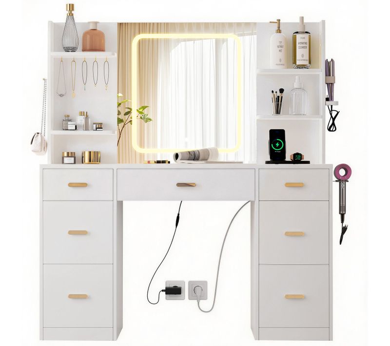 Coiffeuse - Miroir Coiffeuse Avec éclairage LED - Luminosité Réglable - 7 Tiroirs - 4 étagères Et 5