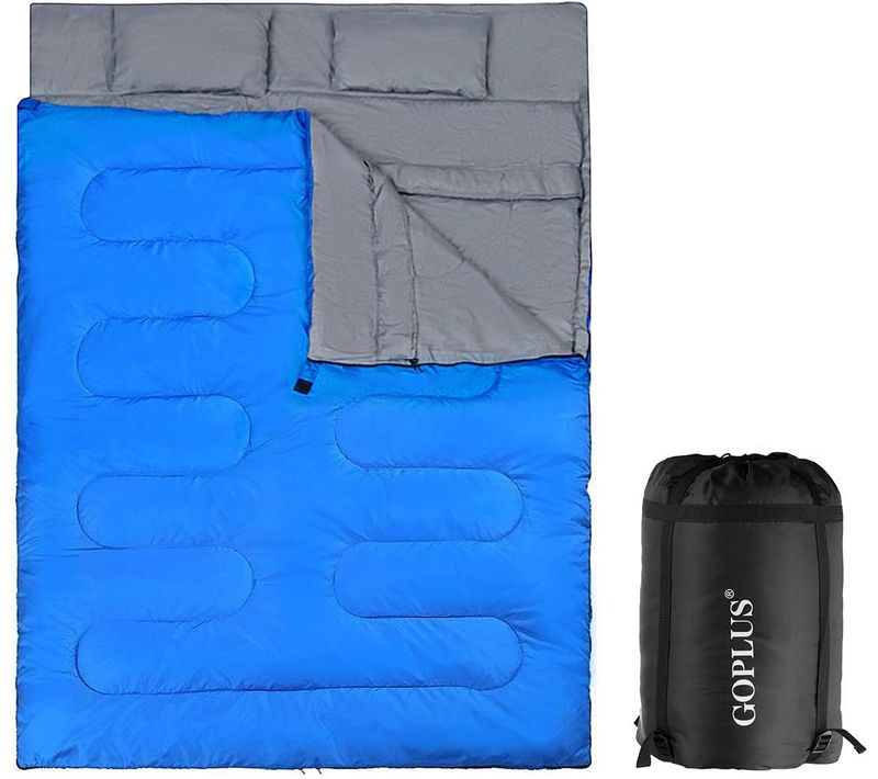 Sac De Couchage Pour 2 Personnes Avec 2 Oreillers Résistant Au Vent Et Imperméable Idéal Bleu