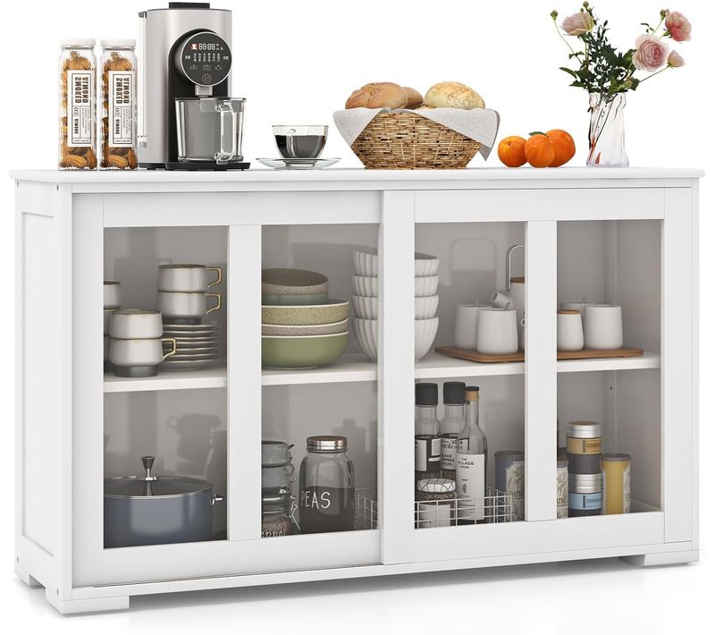 Buffet De Cuisine, Meuble Rangement Avec 2 Etagères, Porte Coulissante, Design Simple, Blanc Antique