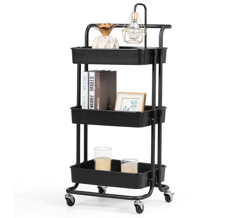 Chariot De Service à Roulettes Avec 3 Paniers Grillagés 42 X 35 X 87 Cm Charge Max. 60kg Noir