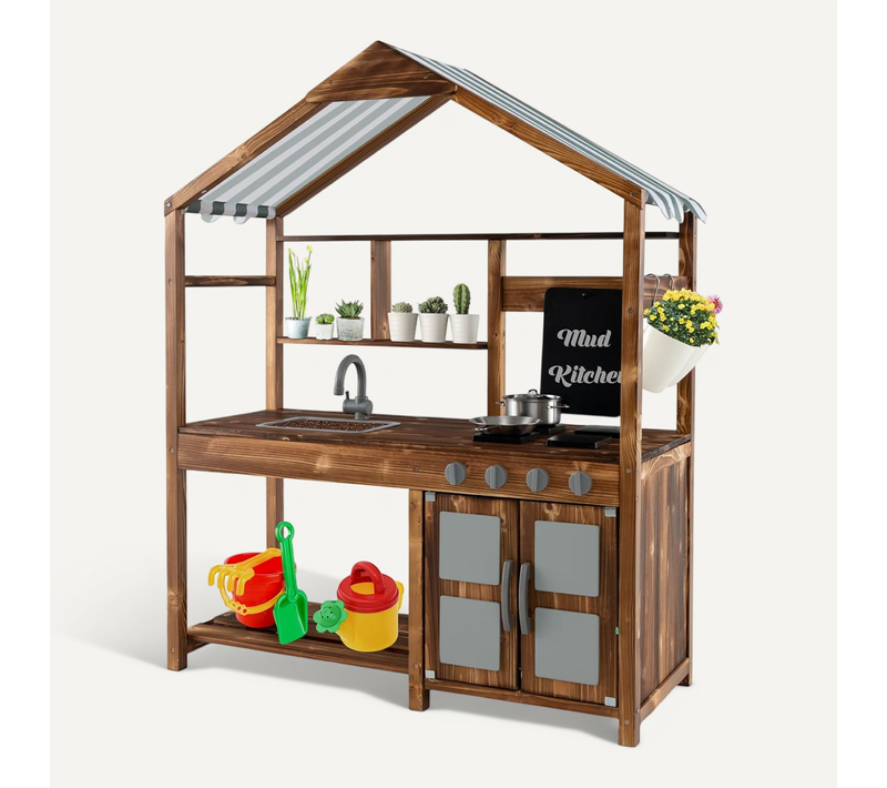Cuisine Extérieure Enfant Avec Tableau Noir Et Auvent Et Poêle, Cuisine Boueuse En Bois De Sapin