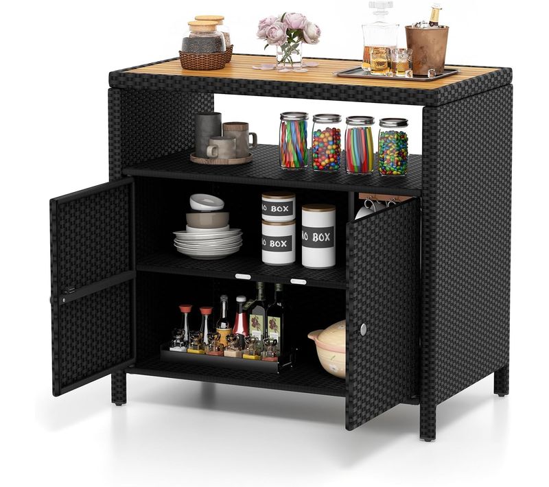 Armoire De Rangement Exterieur En Rotin, Armoire De Jardin Avec Plateau En Bois D'acacia (noir)