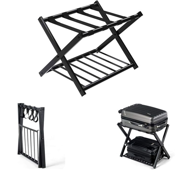 Porte Valise Support De Bagages Pliable 68x43x58 Cm Avec 2 Etages Et 4 Sangles En Métal Noir