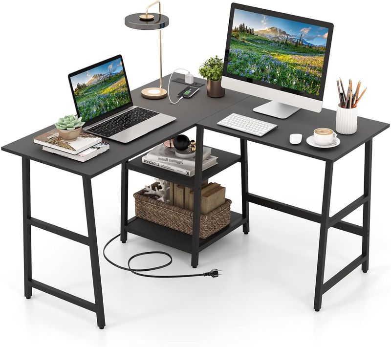 Bureau En Forme De L Avec Station De Recharge Et Ports USB à Et C, Bureau D'angle De 120x120cm(noir)