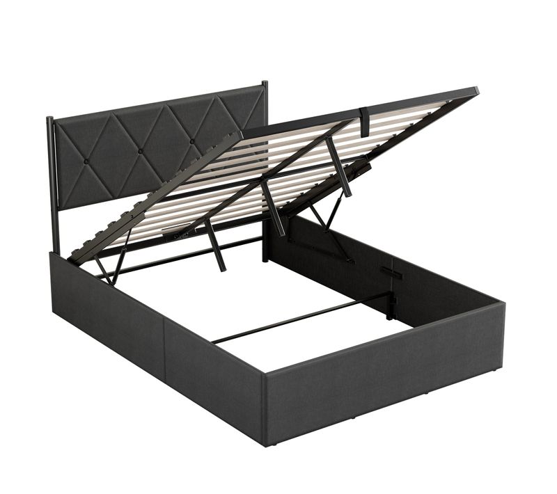 Lit Coffre 140 X 200 Cm, Sommier Relevable, Avec Rangement, Tête De Lit, Gris