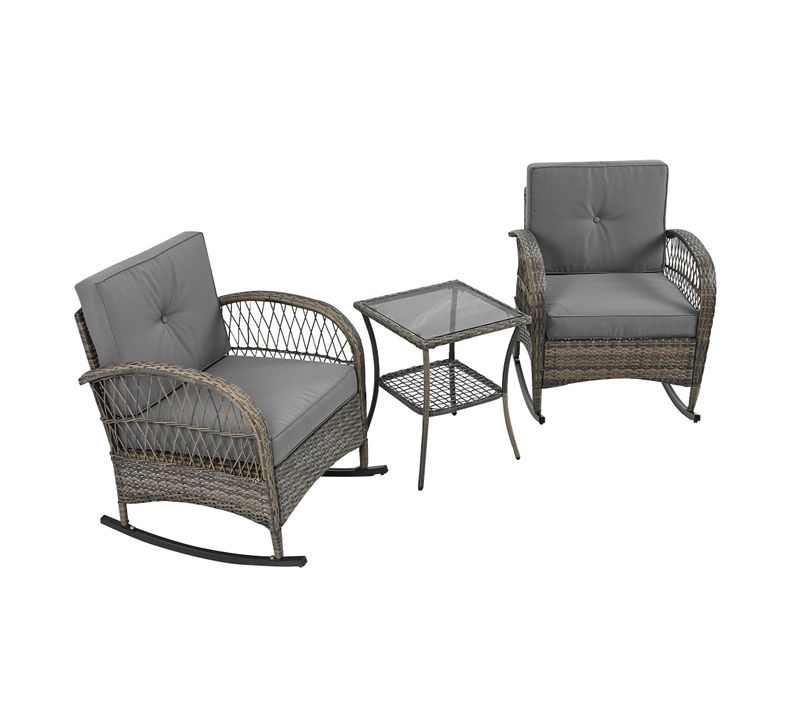 Salon De Jardin 3 Pièces 1 Table En Verre 2 Fauteuils à Bascule Rotin Ensemble Table Et Chaises Gris