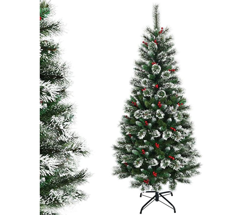 Sapin De Noël Artificiel 180 Cm Avec Flocons De Neige Avec Baies Rouges Dense,base En Métal 100% Pvc