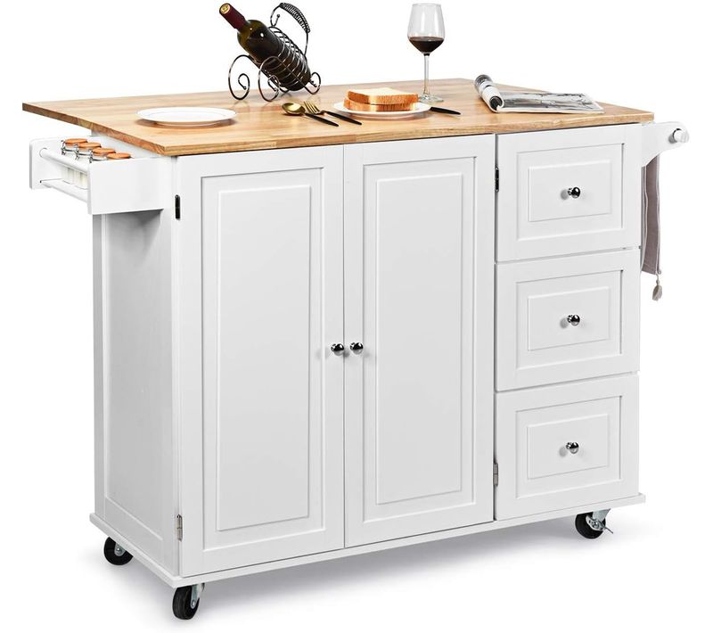 Desserte De Cuisine Sur Roulettes, Îlot Central Cuisine Plateau En Bois D'hévéa Pliable, Blanc