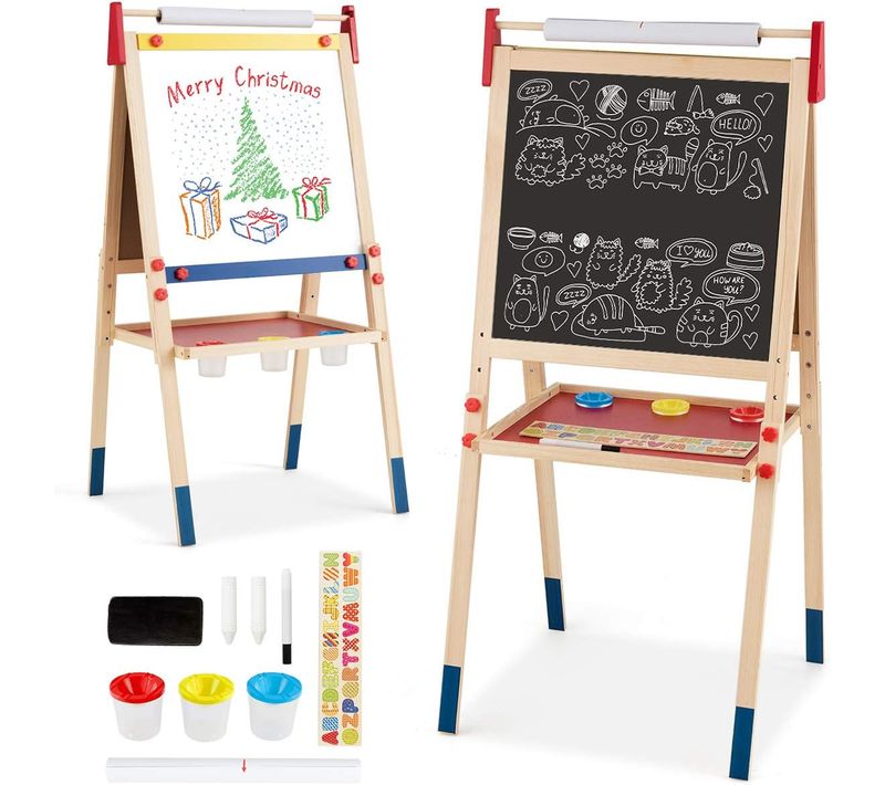 3en1 Chevalet De Peintre Pour Enfants Avec Rouleau De Papier Tableau Magnétique Blanc Et Noir