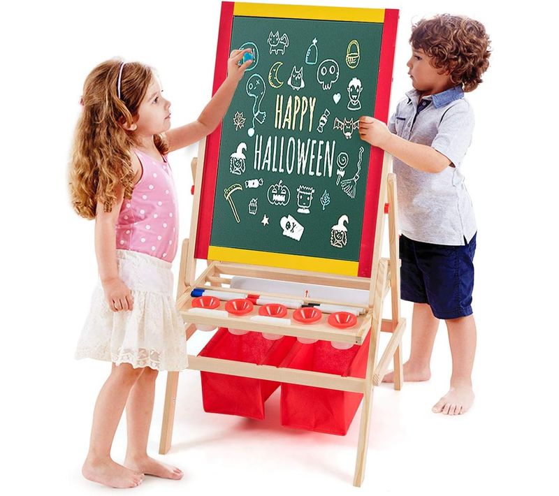 3en1 Chevalet Pour Enfants Avec Rouleau De Papier Fait En Bois De Pin Tableau Magnétique Blanc