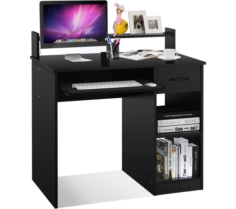 Bureau D'ordinateur, Bureau D'ecriture Avec Tiroir De Rangement Et 2 Etagères, Noir