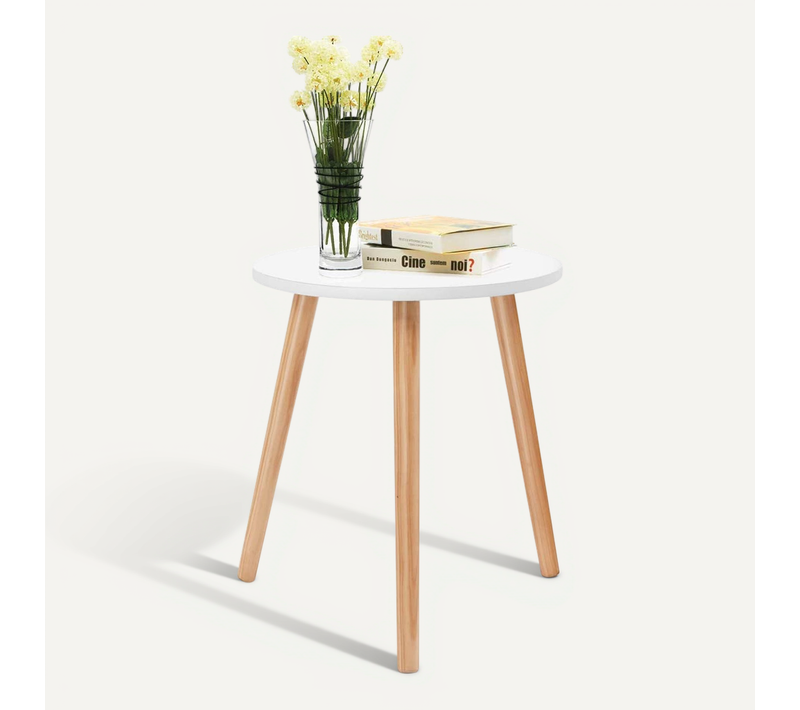 Table Basse Ronde Style Scandinave Moderne En Mdf Et Bois De Pin Dim. D.40 X 48h Blanc