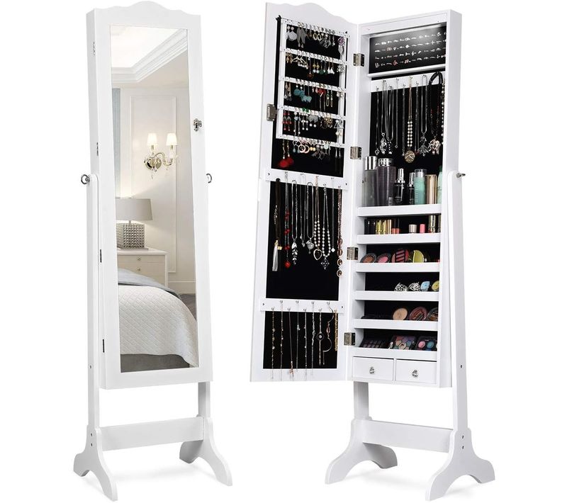 Armoire à Bijoux Sur Pied Avec 14 Lampes LED, Verrouillable, Réglable à 4 Angles Avec 2 Tiroirs