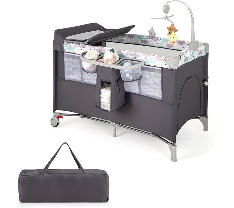 5 En 1 Lit Parapluie Bébé Avec Matelas Et Table à Langer Amovible, Lit Bébé Évolutif (gris)