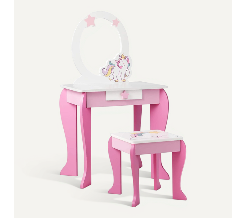 Coiffeuse Pour Enfant Table De Maquillage Avec Tabouret, Miroir Détachable Et 1 Tiroir De Rangement
