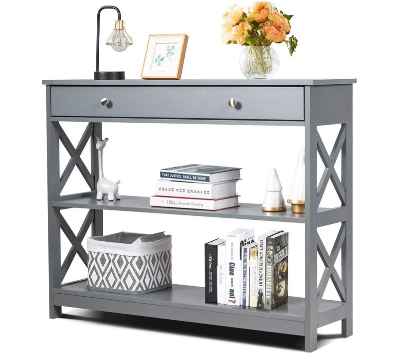 Table De Console, Table D’entrée Avec 1 Tiroir Et 2 Étagères De Rangement Pour Couloir, 100x30x80cm