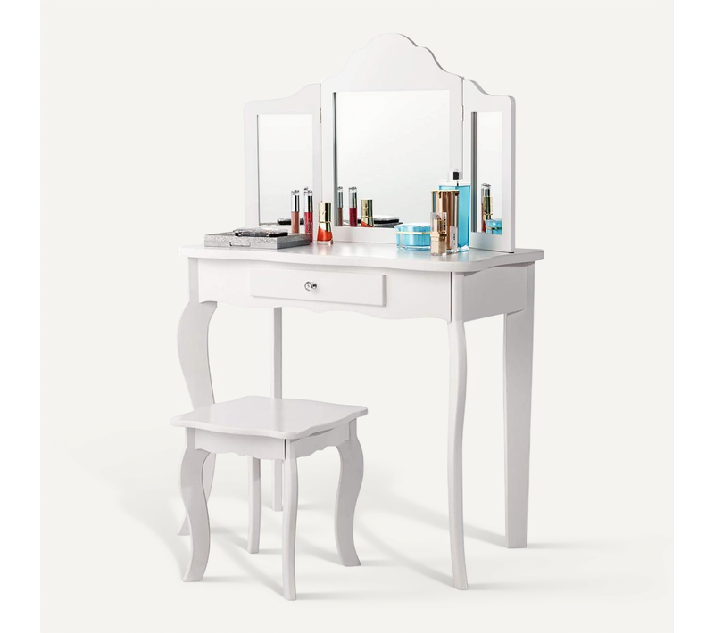 Coiffeuse Enfant Rose Avec Tabouret Avec Miroir à 3 Panneaux Et Tiroir, 70 X 34 X 103 Cm
