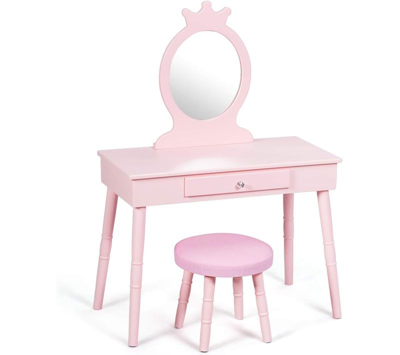 Coiffeuse Enfant Avec Tiroir Et Tabouret, Table De Maquillage De Filles Style Princesse Européenne