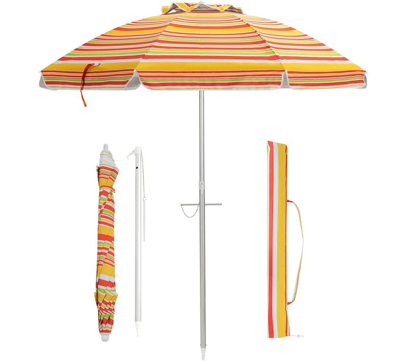 Parasol De Plage Inclinable Ø198 Cm Protection Uv 50+ Avec Bouton Poussoir Et Sac De Transport