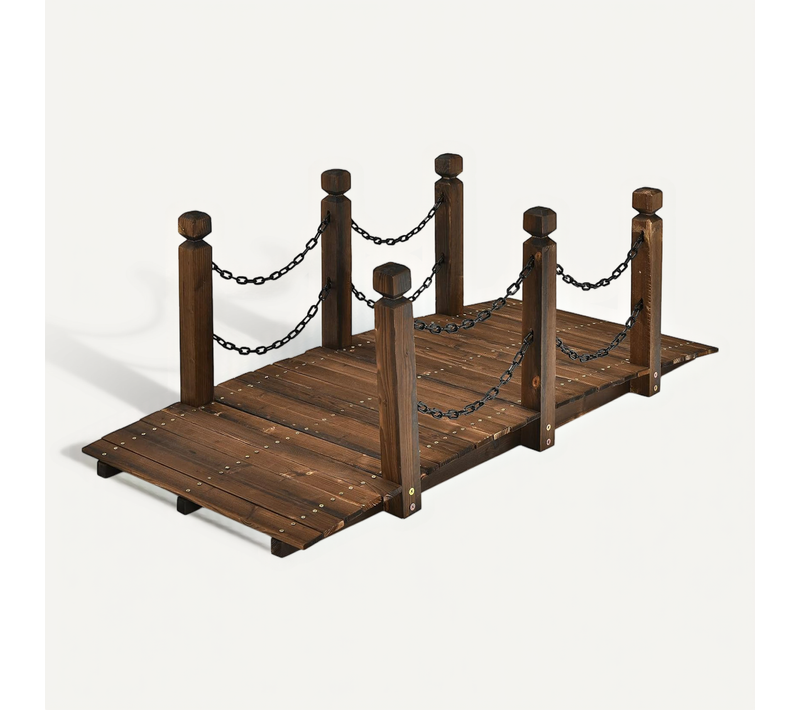 Pont De Jardin En Sapin 150 X 67 X 55cm Carbonisé Charge 225 Kg Avec Chaînes De Sécurité  Cour