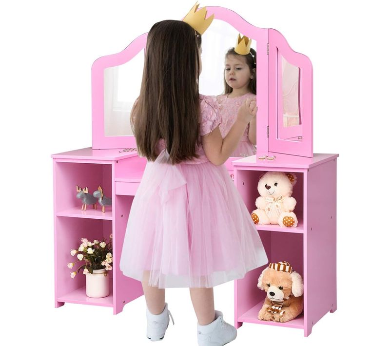 Coiffeuse Pour Enfant 2 En 1 Avec Miroir Amovible, Bureau Enfant Avec 4 Étagères De Style Princesse