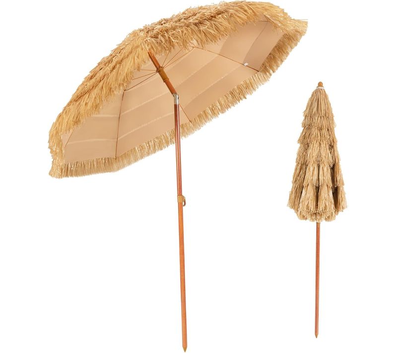 Parasol De Plage Inclinable En Pp Paille 175 Cm Fixation Toit De Chaume Style Hawaïen, Naturel