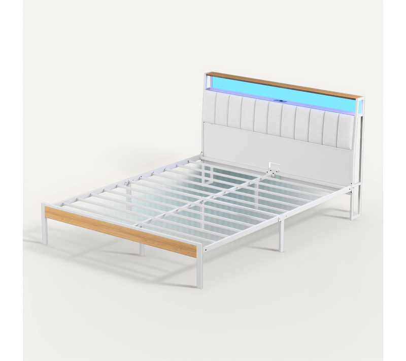 Cadre De Lit, 140 X 190 Avec Base En Métal, Lit 2 Personnes, Avec Lumières LED Et Prises Multiples