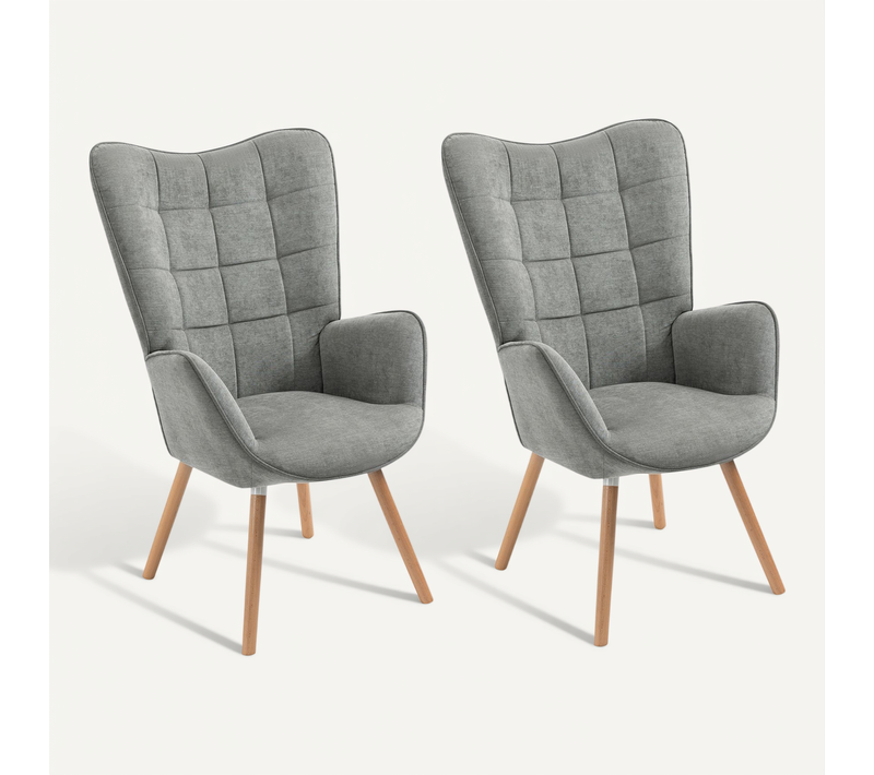 Lot De 2 Fauteuil Salon Scandinave Confortable Rembourés En Tissu Pieds Bois Massif, Gris