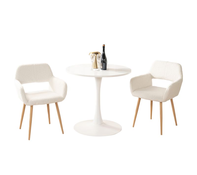 Table Salle à Manger Ronde Avec 2 Chaises Ensemble De 3 Meubles Pour Salon Cuisine, Blanc + Beige