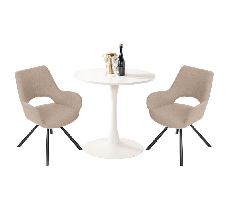 Table Salle à Manger Ronde Avec 2 Chaises Ensemble De 3 Meubles  Pour Salon Cuisine, Blanc + Beige