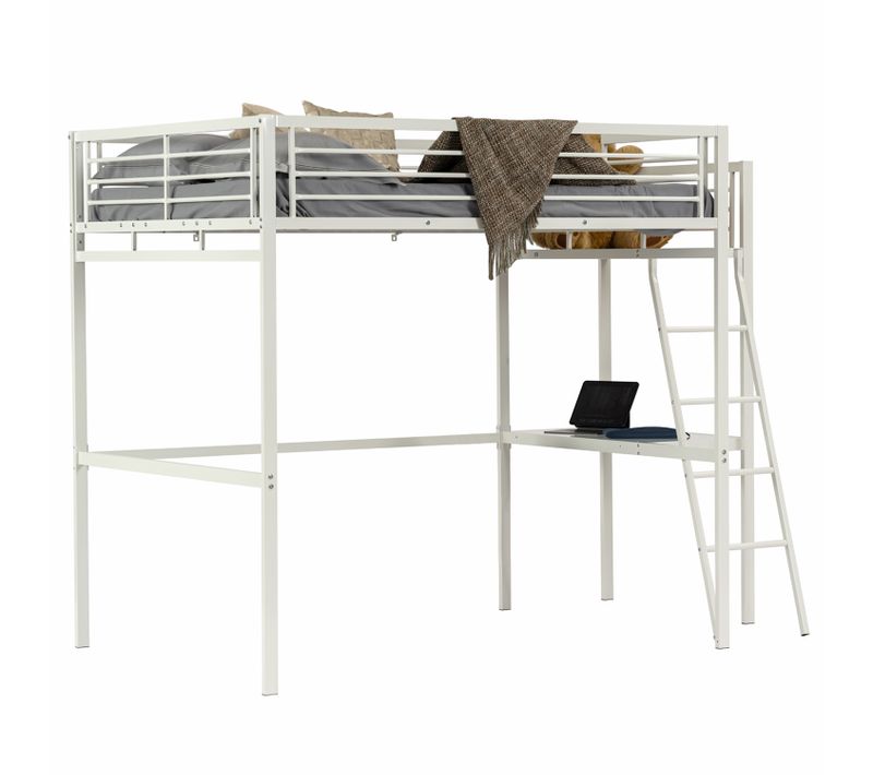 Lit Mezzanine 2 Places 140x190cm Avec Sommier à Lattes Et Bureau En Verre Et Métal, Blanc