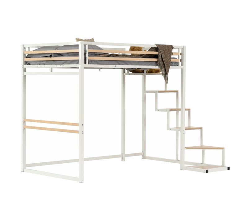 Lit Mezzanine 2 Places 140x200cm Avec Sommier à Lattes En Bois D'ingénierie Et Métal, Blanc+chêne