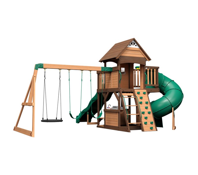 Backyard Discovery Cedar Cove - Maisonnette En Bois Avec Balancoires, Toboggan Double Mur D'escalade