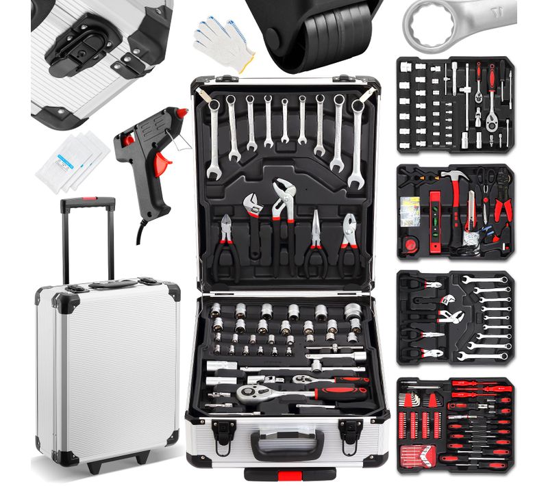 Coffret à Outils 1000 Pièces Professionnel - Valise Roulante Aluminium Avec Poignée Télescopique Et