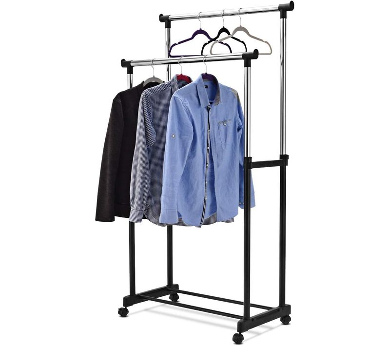 Portant Penderie à Vêtement 2 Barres à Roulettes En Acier Avec Etagère Chaussures  86x43x168cm