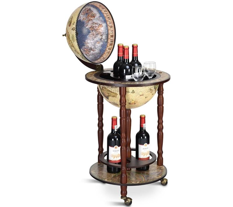 Bar Globe Terrestre Mappemonde En Bois D'eucalyptus Pour Vin, 44,3x44,3x88cm