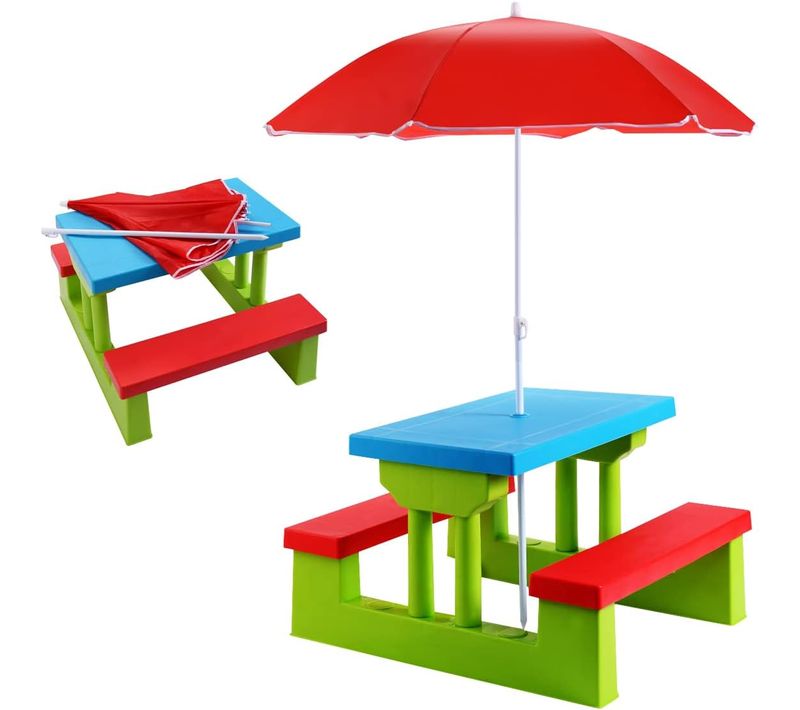 Ensemble De Jardin Pour Enfants Table Et Bancs Avec Parasol Table D'activité Exterieur